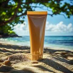 Tube of Sunscreen on Sandy Beach Near Blue Sea and Sunlit Sky