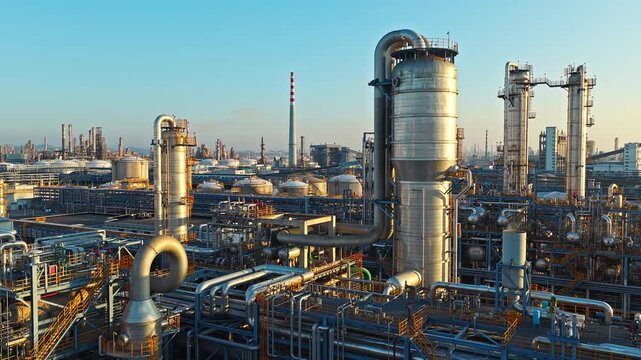 Aerial shot of an oil refinery and chemical plant with pipelines equipment in a large industrial area at sunrise