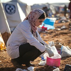 Young Woman Nurse Assisting Sick People in Refugee Camp Environment