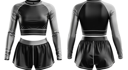 Front and back view of a black and gray athletic two-piece outfit, featuring a long-sleeved crop top and shorts.