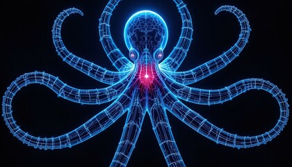 Futuristic glowing blue octopus with a vibrant red core embodies innovation, technology, and cutting-edge design for a modern, dynamic, and impactful visual