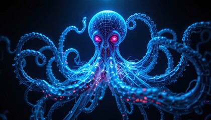 Futuristic glowing octopus with vibrant neon tentacles, a mesmerizing sci-fi creature perfect for cutting-edge technology and creative designs