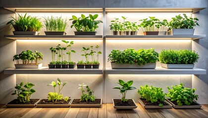 Indoor herb garden on shelves, lit by LEDs