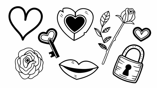 Doodle love symbols set hearts cupid arrow rose key lock lips vector illustration