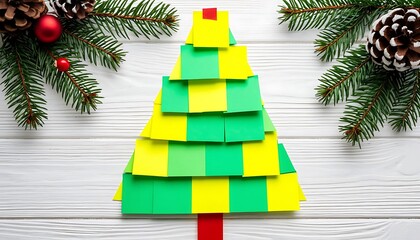 Christmas tree made from green and yellow sticky notes on a white wooden background, surrounded by festive spruce branches