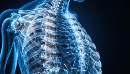 Detailed 3D render of human skeletal system with stunning blue highlights showcasing ribs, collarbone and shoulder for medical illustration and research