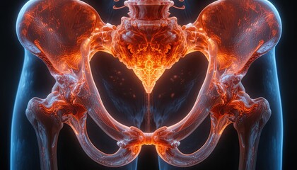 Stunning 3D render of a luminous pelvis, perfect for medical illustration or anatomy education, ideal for textbooks or online learning platforms