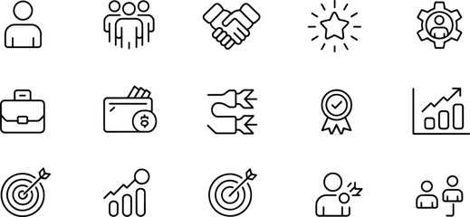 Business and Finance Outline Icons Representing Success Growth and Partnership in Professional Settings