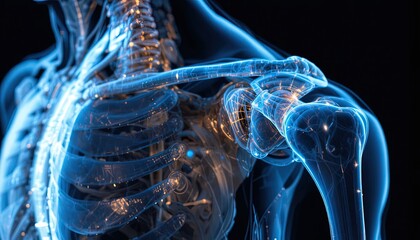 Explore the human shoulder anatomy with this stunning, futuristic rendering, perfect for medical education, research, and scientific visualization projects