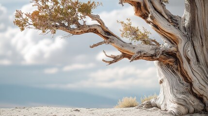 Ancient gnarled tree trunk with twisted branches against a soft cloudy sky and arid ground