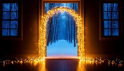 Doorway framed by sparkling string lights, revealing a snowy forest beyond, creating a magical winter scene