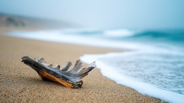 Weathered driftwood rests on a sandy beach with gentle waves and a misty horizon