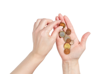 Woman hands counting euro coins, representing poverty, saving money, debt, and economic problems. Transparent background PNG for finance or crisis concepts.