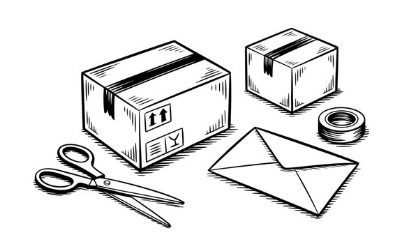 Shipping and Mailing Supplies Boxes Envelope Tape and Scissors for Packing and Delivery