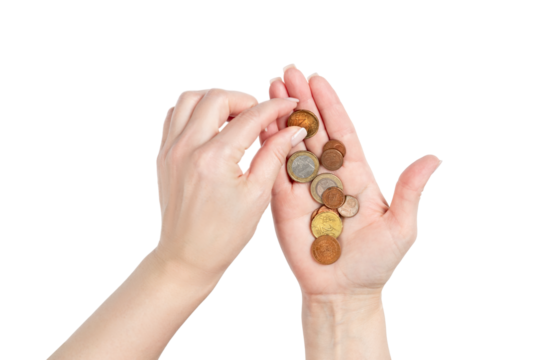 Woman hands counting euro coins, representing poverty, saving money, debt, and economic problems. Transparent background PNG for finance or crisis concepts.