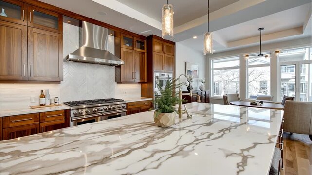 Modern luxury kitchen interior design showcasing an elegant, spacious marble countertop island with wood cabinets in new open concept home