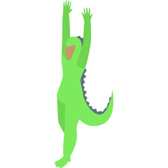 Green Dinosaur Costume Character Dancing with Arms Raised in Celebration on White Background