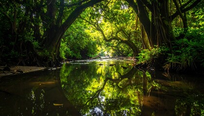Reflections of Greenery - A Serene River Scene in Lush Forest.