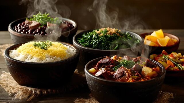 Authentic traditional Brazilian feijoada, national food meal. Hot comforting black bean stew served with pork, rice, side dish for complete lunch