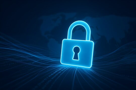 Glowing blue digital padlock symbolizes robust cybersecurity and global data network protection. - Powered by Adobe