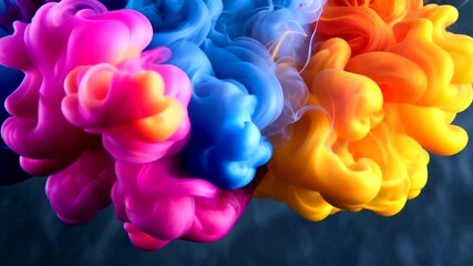 Vibrant pink, blue, and orange ink plumes swirl gracefully against a dark background, creating an abstract, ethereal dance - Powered by Adobe