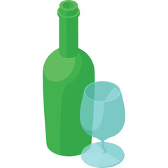 Green Glass Bottle Next To An Empty Stemmed Wine Glass With A Transparent Background.