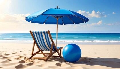 Relaxing Beach Scene with Blue Umbrella, Striped Chair, and Beach Ball on a Sunny Day.