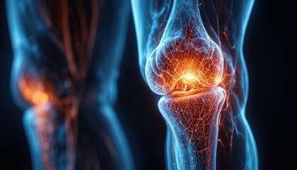 Stunning anatomical rendering of human knee joint with glowing nerves, ideal for medical research or healthcare marketing materials emphasizing joint health