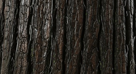 Obraz premium Closeup of wet dark tree bark with deep furrows and water droplets clinging to the surface