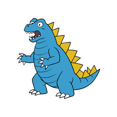 Cartoon blue dinosaur with yellow spikes roaring in silhouette isolated on white background