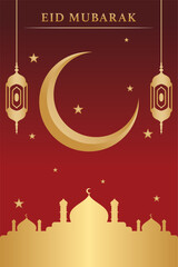 Lettering, Illustration Happy Eid Mubarak with This Elegant Golden Mosque On A Rich Red Background, Vector Calligraphy Design, Usable for Poster, Banners, Postcards, Wallpaper, Gifts etc.
