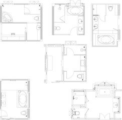 Drawing Interior Design Furniture Layout Plan — Luxury Classic Bathroom Design with Wet Zone, Dry Zone, Shower, and Vanity Area (6 Layouts, 6 Designs) © Anucha
