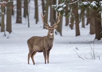 Deer in winter thicket standing alert among snow-covered trees in forest