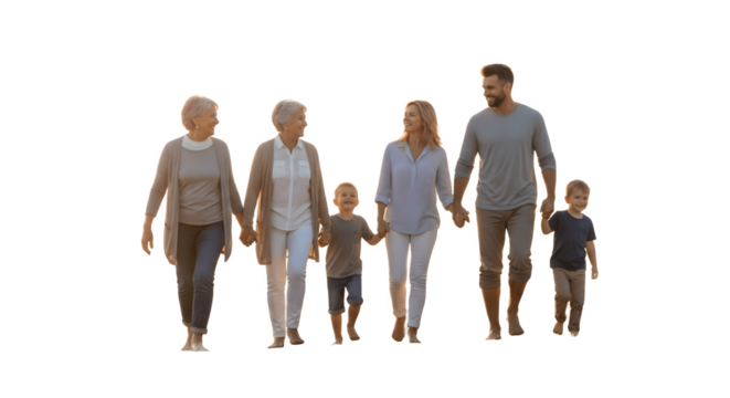 A multigenerational family walking together holding hands.