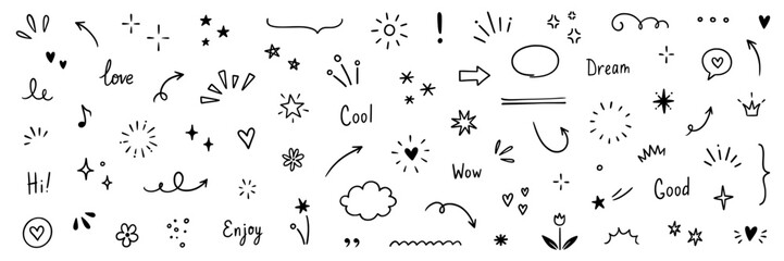 Doodle line arrow, star, heart icon elements. Hand drawn sketch heart, arrow, star, sparkle decoration symbols. Simple sketch line style emphasis, attention, graphic elements. Vector illustration