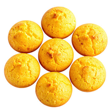 Golden mini cornbread muffins arranged in a circle on a white background top view isolated white background