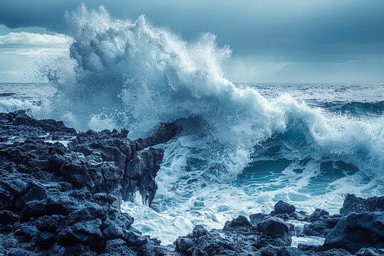 A breathtaking display of powerful waves crashing against rugged rocks, showcasing incredible energy and force of sea as it meets unwavering strength of land   