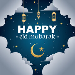 Lettering, Illustration Happy Eid Mubarak, A Crescent Moon, Stars, Lanterns, and sSoft Clouds, Vector Calligraphy Design, Usable for Poster, Banners, Postcards, Wallpaper, Gifts etc.