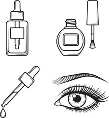 Cosmetic products including eye dropper and bottles on transparent background silhouette