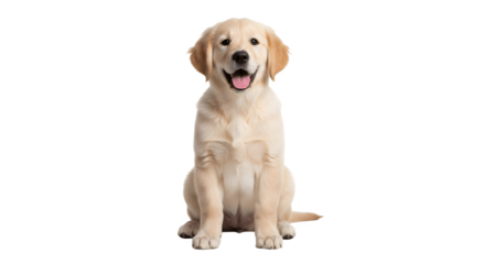 Adorable golden retriever puppy sitting happily on a white background.
