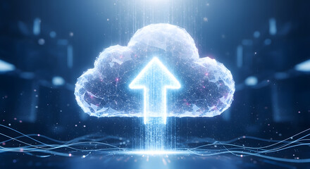 Digital cloud with glowing upload arrow symbolizing data transfer and cloud computing technology.