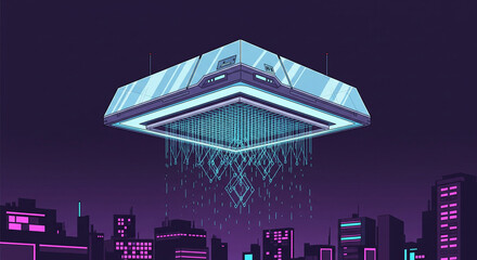 Pixel art of a futuristic device over a city skyline at night.