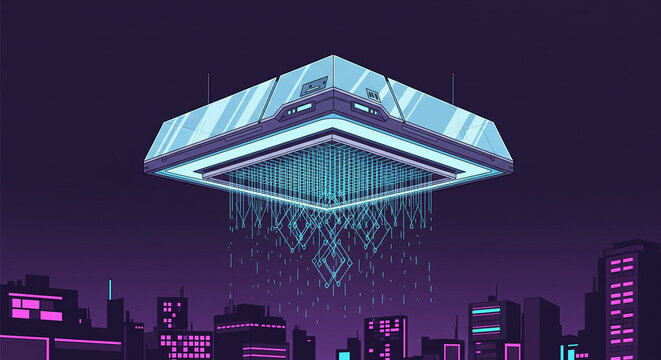 Pixel art of a futuristic device over a city skyline at night.