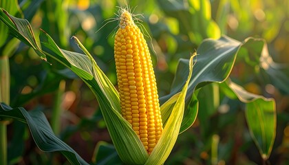 Ripe Corn on the Stalk in a Field at Sunset.
