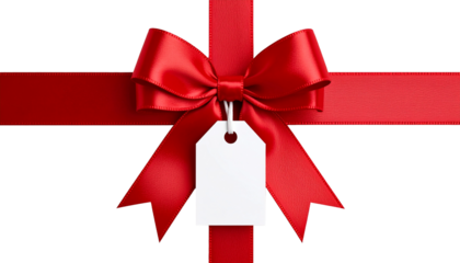 Elegant red satin ribbon bow with blank gift tag creates a perfect festive surprise for any occasion