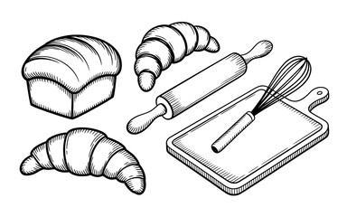 Bakery and Pastry Collection Hand Drawn Bread Croissant Rolling Pin Whisk Cutting Board Kitchen Utensils Black White Vector Art
