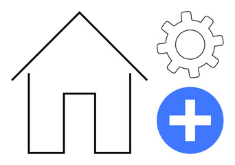 Obraz premium Simple house outline, cogwheel for settings, and blue plus sign for addition or growth. Ideal for home management, repair, system settings, improvement, growth, solutions simple flat metaphor