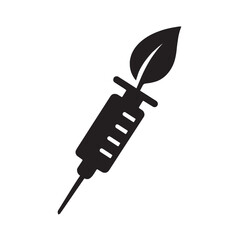 Black silhouette of a syringe with a leaf on a white background needle plant