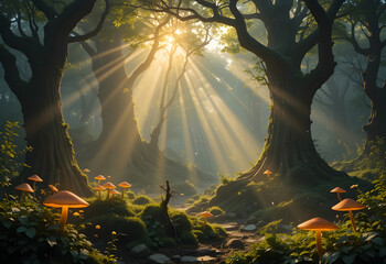 Obraz premium Enchanted forest with sunlight beams through trees, magical fantasy woodland nature background