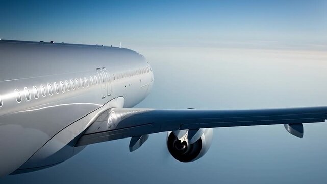 White passenger airplane flying moving forward in a blue sky background. Side view angle. Modern passenger jet airplane.